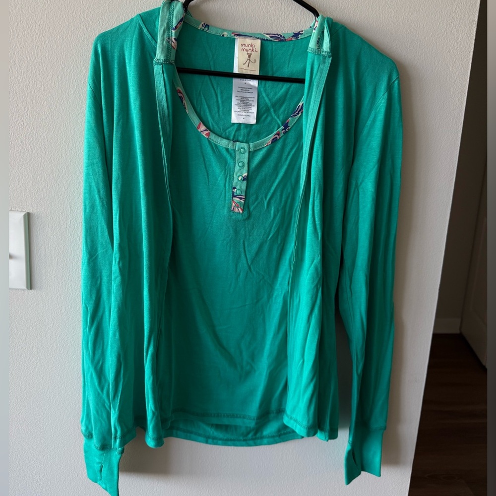 Teal Dragonfly Print 3 piece PJ set (hoodie jacket, half sleeves top and pants)